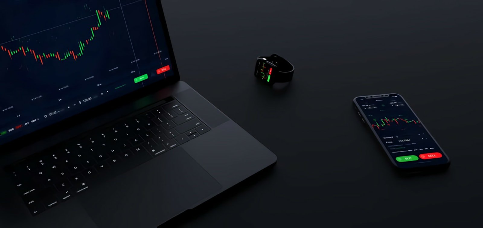 Trading platform on laptop, watch and phone